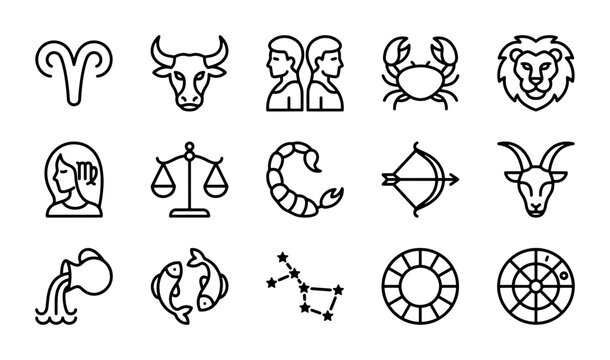 Zodiac Signs Icons Set, Astrology Symbols Collection, Horoscope Constellations Vector Graphics