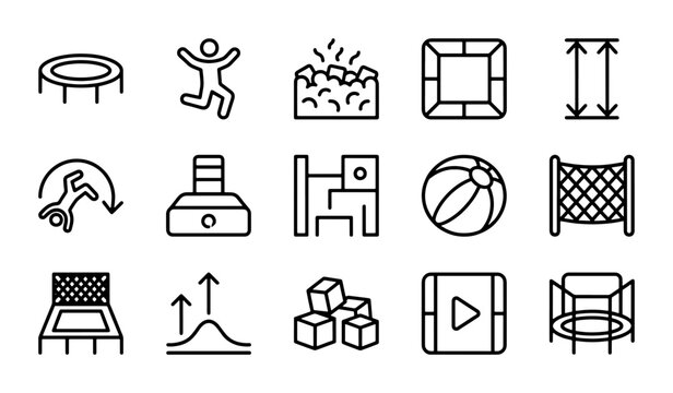Trampoline Park Icons, Play Area Elements, Recreation & Fun Vector Graphics Set