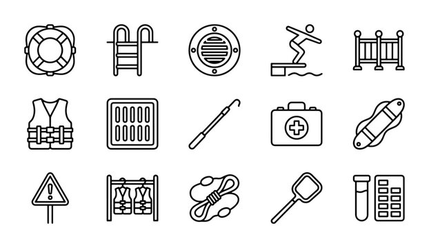 Swimming Pool Icons, Water Safety Equipment, Lifeguard Gear, Pool Maintenance Tools, 15 Vector Elements