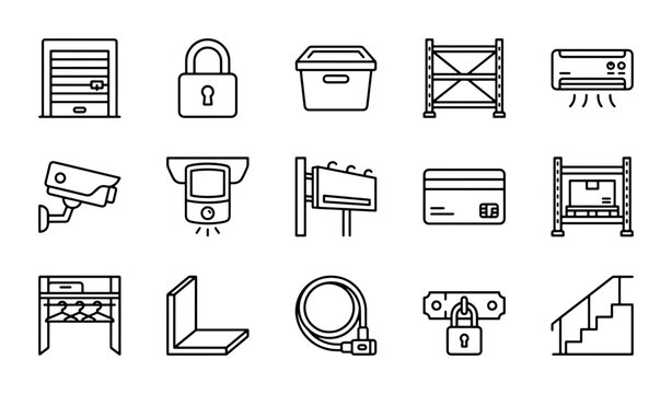 Storage Security Icons: Garage, Lock, Box, Rack, AC, Camera, Credit Card, Stairs