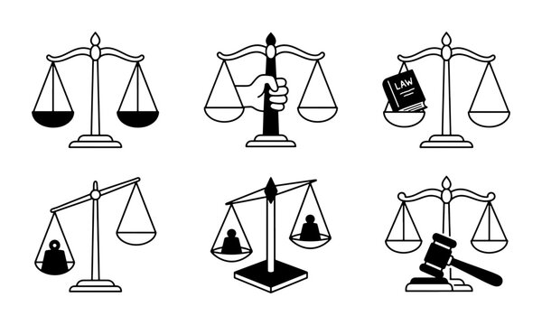 Justice Scales Icons, Legal Balance Symbols, Law Gavel Vector Set