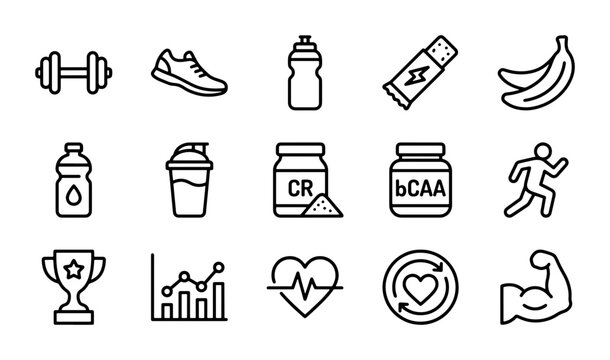 Fitness Icons Set: Dumbbell, Running Shoe, Protein Shaker, Workout Fuel, Healthy Food, Supplements