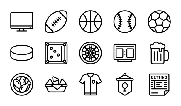 Sports Icons Collection: 15 Outline Vector Graphics for Betting, Games, and Entertainment. Includes Football, Basketball, Baseball, Soccer, Pool, Darts, Scoreboard, Beer Mug, Snacks, Jersey