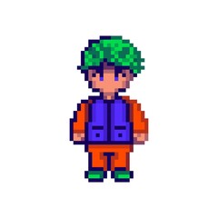 Obraz premium Pixel Art Male Character with Green Hair and Purple Vest Isolated on White