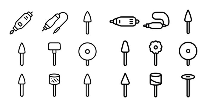 Rotary tool bits and polishing accessories arranged on white grid