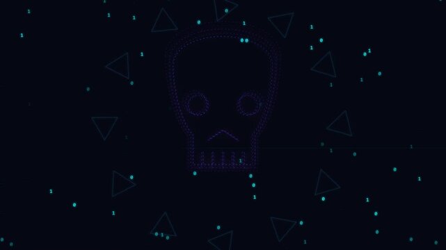 Digital skull neon graphic with binary code animation for cyber security