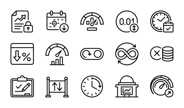 Business Analytics Icons: Data Growth, Calendar, Speedometer, Finance, Time Management, Strategy