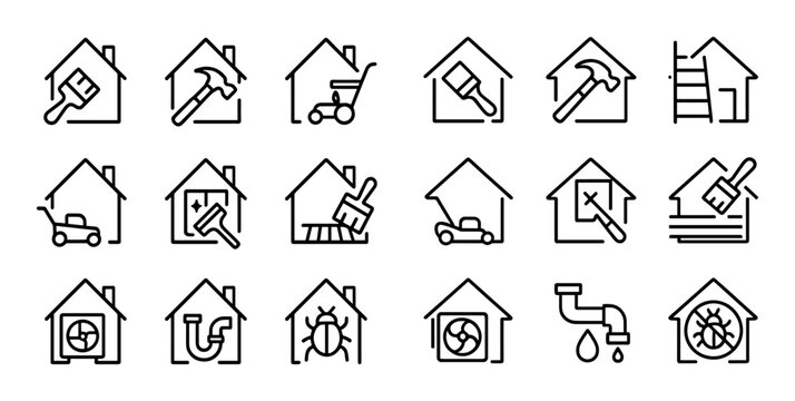 House maintenance and repair icons showing tools on building outlines