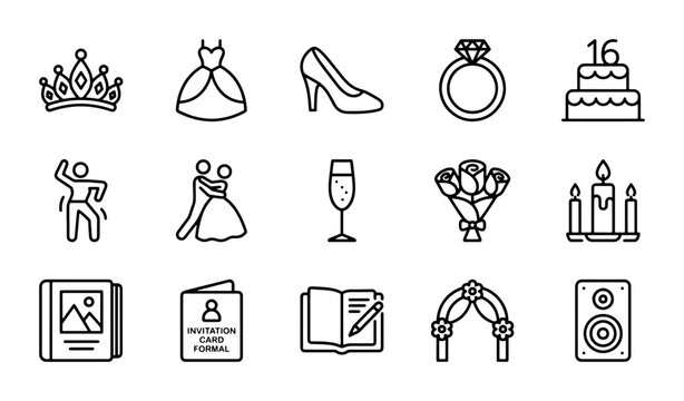 Wedding Icons Set, Celebration Vector Graphics, Bridal Party Symbols, Event Planning Elements, Romantic Occasion Icons
