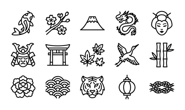 Japanese Culture Icons Set: Koi, Sakura, Fuji, Dragon, Geisha, Samurai, Torii, Maple, Crane, Bamboo, Peony, Waves, Tiger, Lantern, Knot