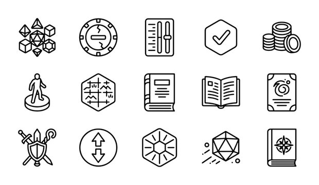 Fantasy RPG Game Icons, Dice, Swords, Books, Compass, Strategy Board Game Elements
