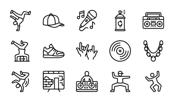 Hip Hop Culture Icons, Urban Dance, Music, Graffiti, DJ Set, Vector Graphics