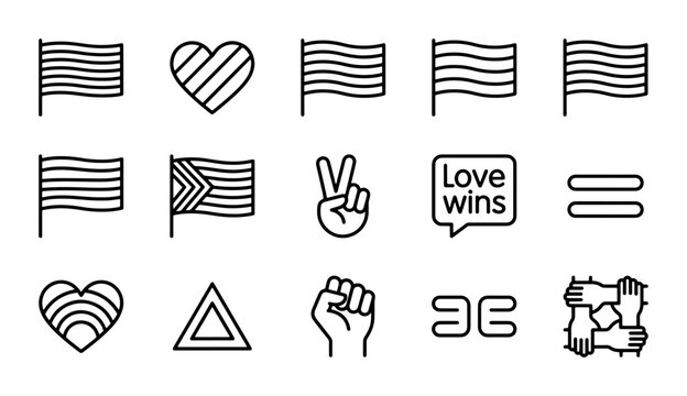 LGBTQ+ Pride Icons Set: Rainbow Flags, Hearts, Equality Symbols, and Unity Graphics