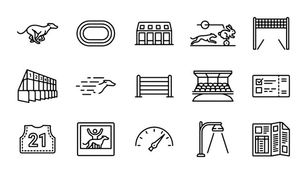Greyhound Racing Icons Set: Track, Hurdles, Finish Line, Stadium, Tickets, Jersey