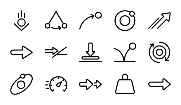Physics Icons Set: Motion, Force, Speed, Energy, Gravity Icons, Vector Graphics