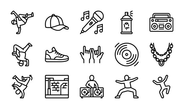 Hip Hop Icons Set: Breakdance, DJ, Graffiti, Music, 15 Vector Elements for Urban Culture