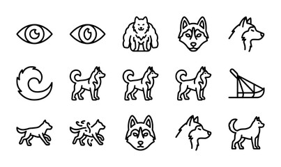 Husky Dog Icons, Wolf Head Vector Graphics, Animal Silhouette Set, Canine Breed Line Art Collection © Rashed