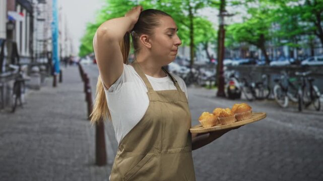 Woman in apron holding a wooden tray of muffins, hand on head while carrying tray on a street lined with bicycles and trees; stress overwhelmed.