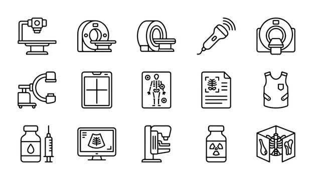 Medical Imaging Icons Set: MRI, CT Scan, X-Ray, Ultrasound, Mammography, Radiation Gear