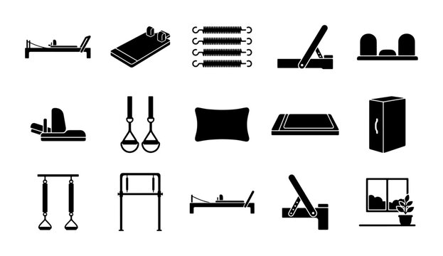 Pilates Equipment Icons Set, Fitness Machine Vector Graphics, Exercise Gear Collection