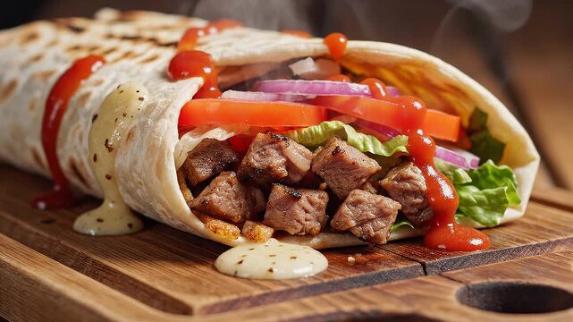 Delicious beef wrap with fresh vegetables and sauce on wooden board