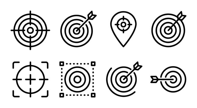 Target Icons Set, Bullseye and Aim Graphics, Focus and Goal Symbols, Vector Collection