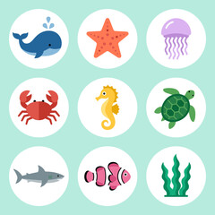Fototapeta premium Marine Life and Sea Animal Icons Set, Whale, Starfish, Jellyfish, Crab, Seahorse, Turtle, Shark, Clownfish, Seaweed, Underwater Nature Biology