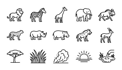 African Safari Animals Vector Icons Set, Wildlife Mammals & Nature Elements, Simple Line Art Collection © Popy