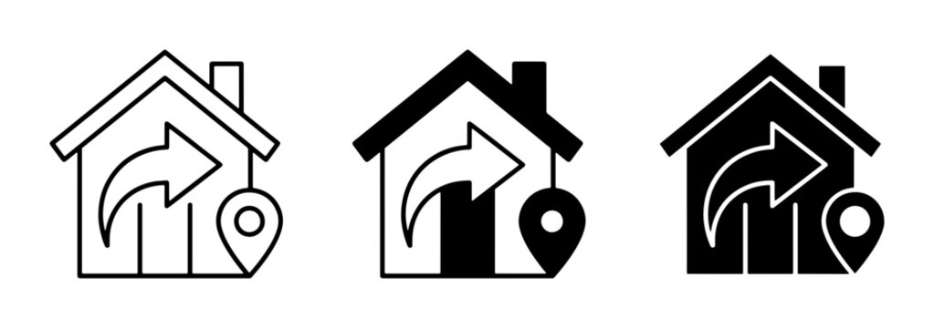 Home relocation icon set, moving house symbols, property location markers, real estate vector graphics