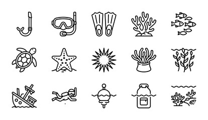 Ocean Life & Diving Icons: Sea Creatures, Coral, Snorkel Gear, Shipwreck, 15 Vector Elements © Lamia