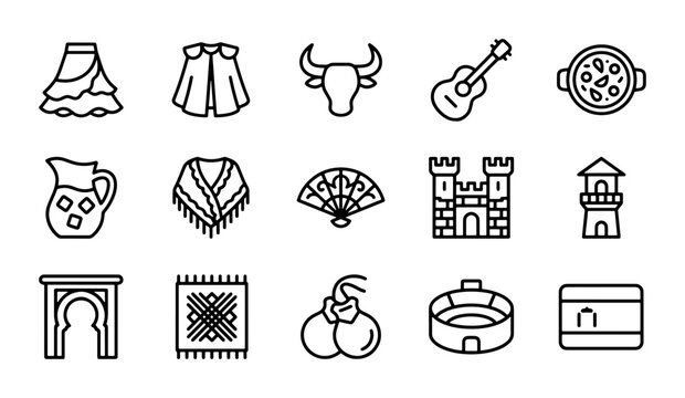 Spanish Culture Icons Set: Flamenco, Bullfighting, Architecture, Food & Music Symbols