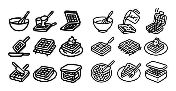 Waffle cooking and serving icons arranged in pattern