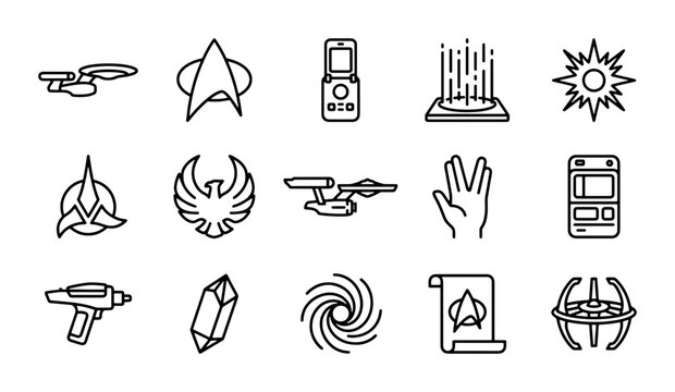 Sci-Fi Icons Set: Spaceship, Starfleet, Phaser, Communicator, Black Hole, Crystal, Nebula
