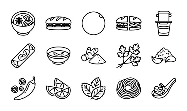Vietnamese Cuisine Icons: Pho, Banh Mi, Spring Rolls, Ingredients, and Coffee - Vector Set for Food Service and Culinary Design