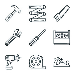 Fototapeta premium Hand Tools Workshop Icon Set, Hammer, Ruler, Hand Saw, Wrench, Screwdriver, Toolbox, Power Drill, Measuring Tape and Wood Plane Vector Symbols for Repair.