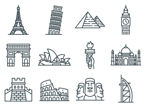 World Famous Landmarks and Historic Architecture Icon Set, Tower, Pyramid, Arch, Opera House, Statue, Temple, Great Wall, Coliseum and Skyscraper