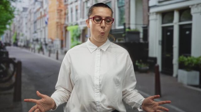 Woman gestures with open hands, wearing red glasses and white shirt, standing on a narrow city street lined with bicycles and townhouses; surprise conversation engagement.