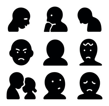 Human head icons displaying varied emotions on white background