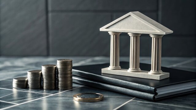 Stacks of coins increase in height beside a miniature bank building model on a tiled surface, symbolizing financial growth and savings.