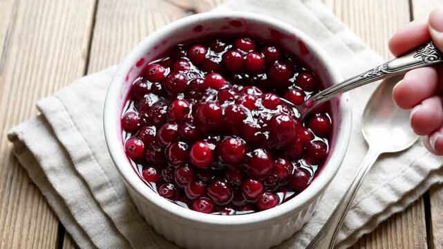 Hand serving glistening red currant jam from white bowl, rustic wood background, selective focus