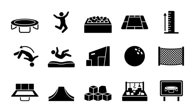 Indoor Trampoline Park Icons, Fun Activity Vector Graphics, Recreation Center Symbols, Kids Play Area Elements