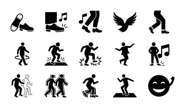 Dancing People Icons, Music Notes, Happy Face, Movement Symbols, Vector Set