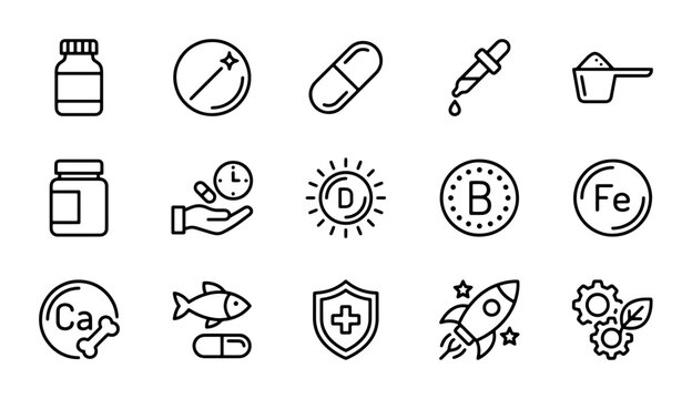 Health Vitamins Icons, Medical Supplements Line Art, Nutrition & Wellness Symbols Set