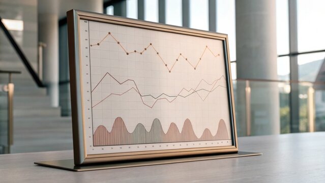 A framed chart displaying multiple line graphs and a bar graph is placed on a table in a modern office setting with large windows and columns in the background.