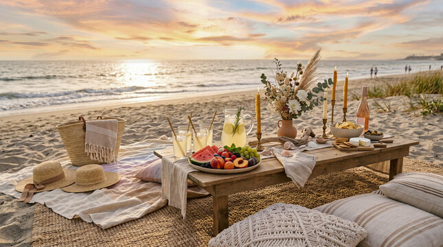 Picnic bohemio en la playa al atardecer con decoraci&oacute;n elegante y ambiente c&aacute;lido de verano.