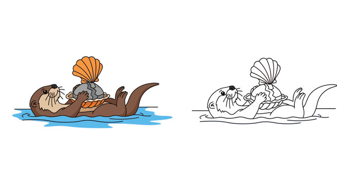 Cute sea otter floating in water holding a seashell and rock, colorful cartoon illustration and black and white outline coloring book page for kids, marine animal vector set.