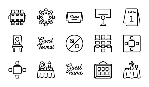 Event Seating Icons, Banquet Table Layouts, Place Card Designs, Vector Graphics Set