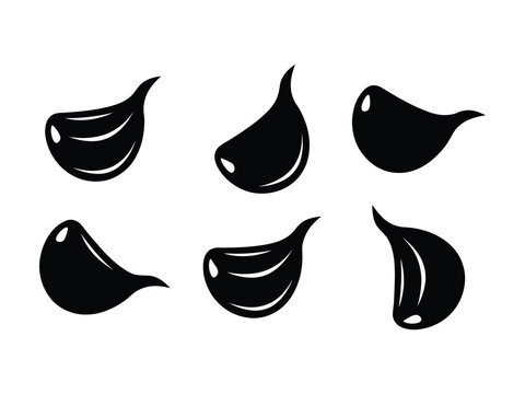 Set of six different black teardrop shapes with shiny effect on white background