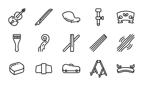 Violin Parts Icons Set, Musical Instrument Components, String Orchestra Accessories, Vector Graphics Collection