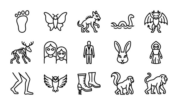 Cryptid Icons Set: Bigfoot, Mothman, Nessie, Chupacabra, Folklore Creatures Vector